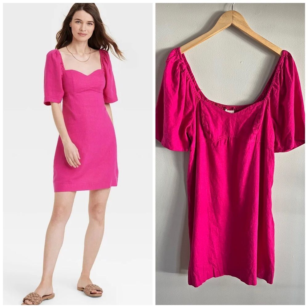 A New Day Hot Pink Linen Blend Puff Sleeve Mini Dress NWT Size L